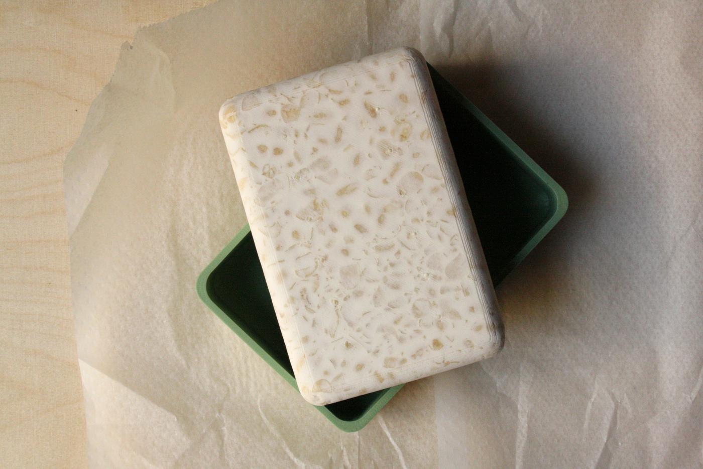 Fresh tempeh out of a Domingo Club 3D printed mould