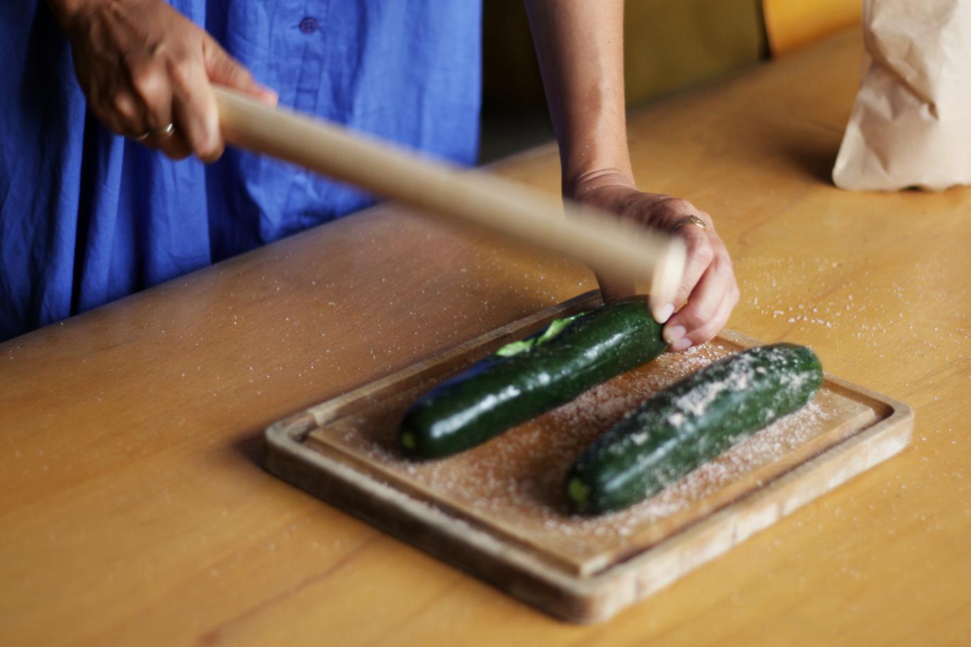 While beating the cucumber, cracks appear. Slightly rotate the cucumber and repeat