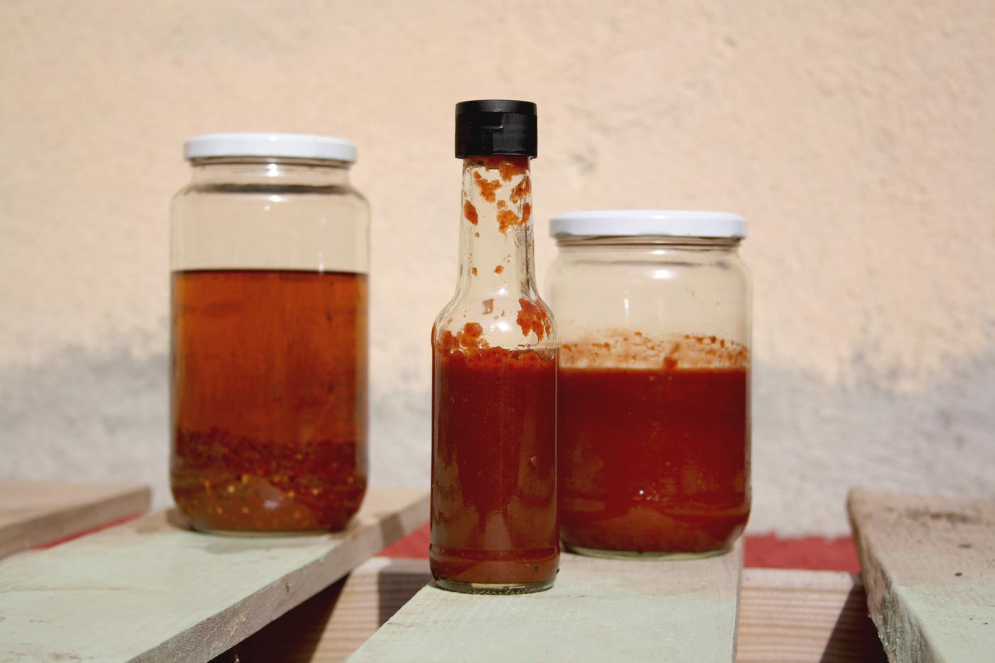 from left to right: chilli oil and srirachas